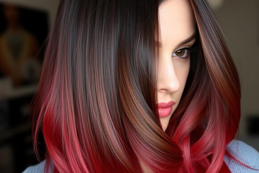Woman with chocolate cherry ombré transitioning from dark roots to red ends