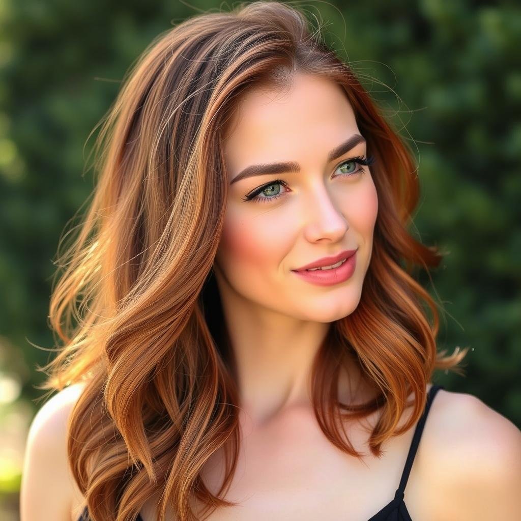 Woman with classic auburn brown red hair color showing equal parts brown and red Woman with classic auburn brown red hair color showing equal parts brown and red