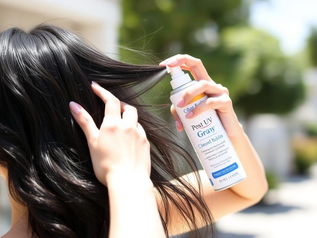 Woman with colored black hair using UV protection spray outdoors Woman with colored black hair using UV protection spray outdoors