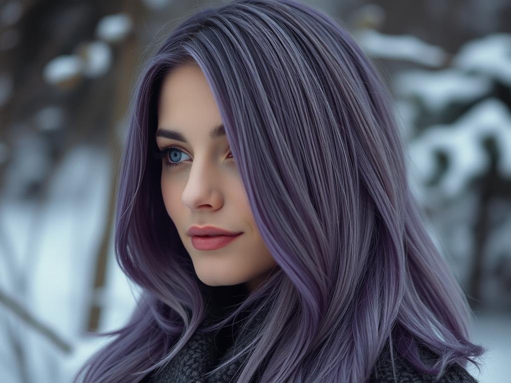 Woman with cool amethyst purple hair in winter setting