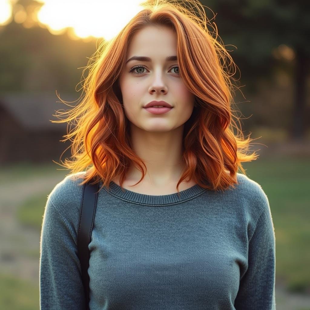 Woman with copper brown red hair color showing bright warm red tones Woman with copper brown red hair color showing bright warm red tones