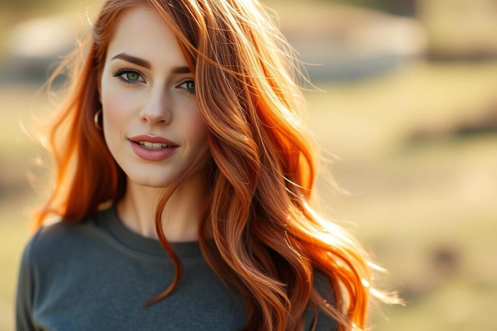 Woman with copper cherry red hair color in sunlight Woman with copper cherry red hair color in sunlight
