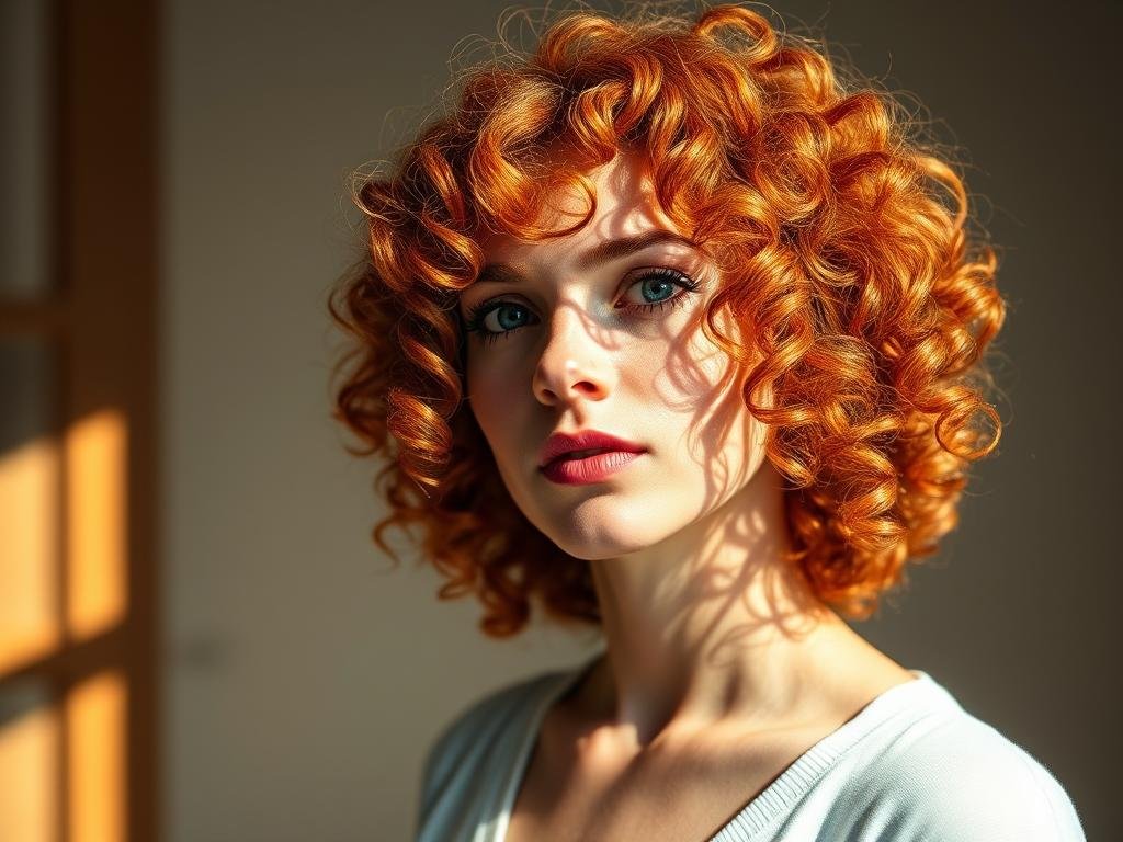 Woman with copper red curly hair showing vibrant warm tones Woman with copper red curly hair showing vibrant warm tones