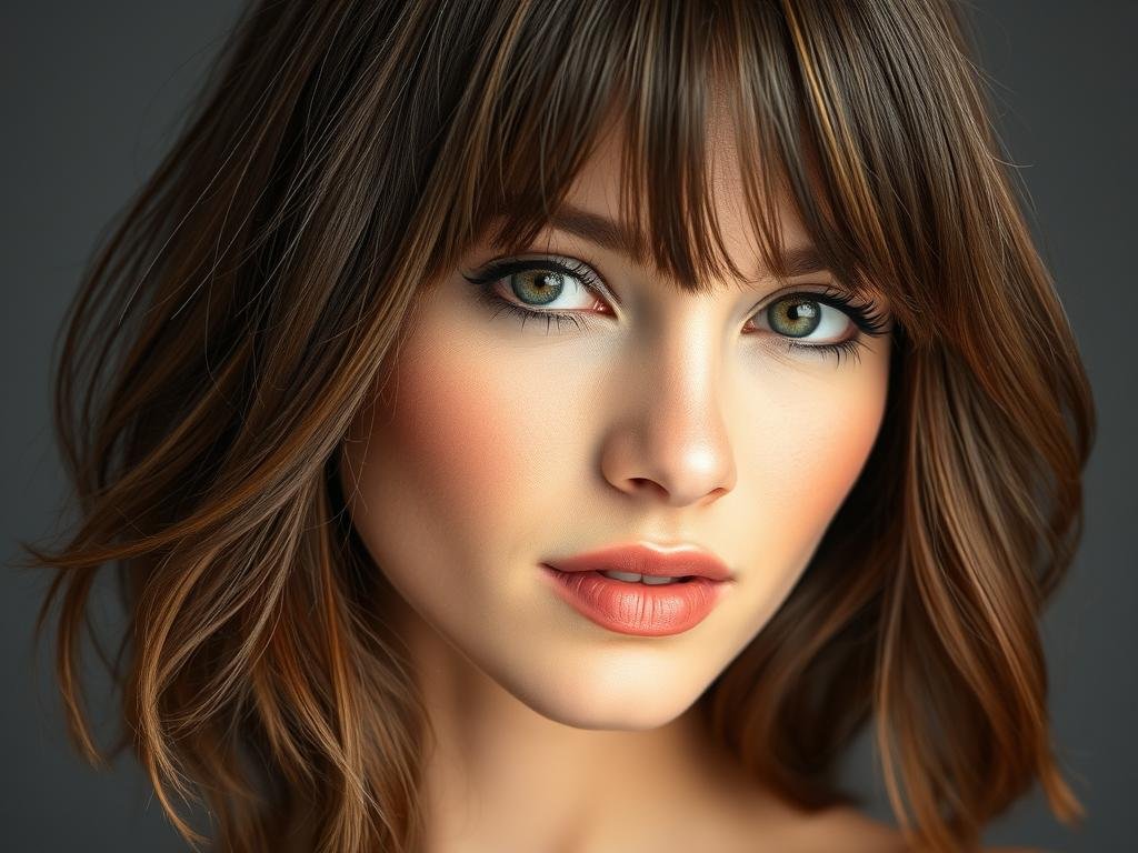 Woman with curtain bangs styled for thin hair Woman with curtain bangs styled for thin hair