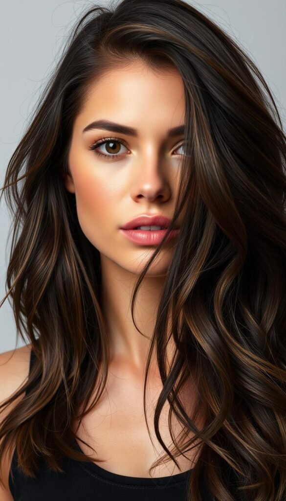 Woman with dark brown hair featuring bright blonde face-framing highlights around the face