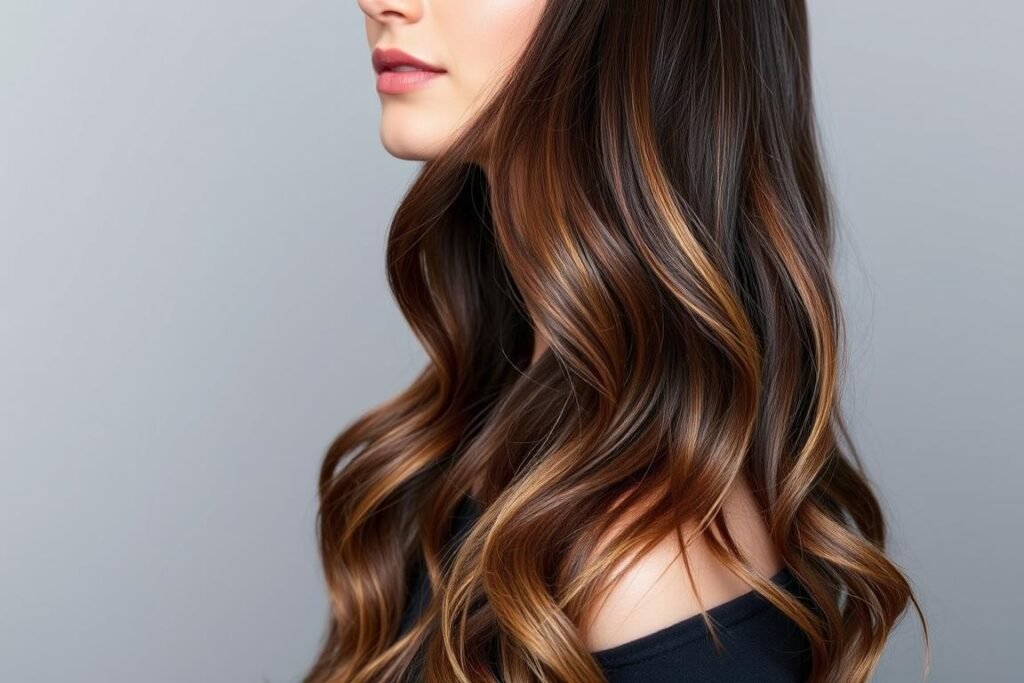 Woman with dark brown hair featuring caramel balayage