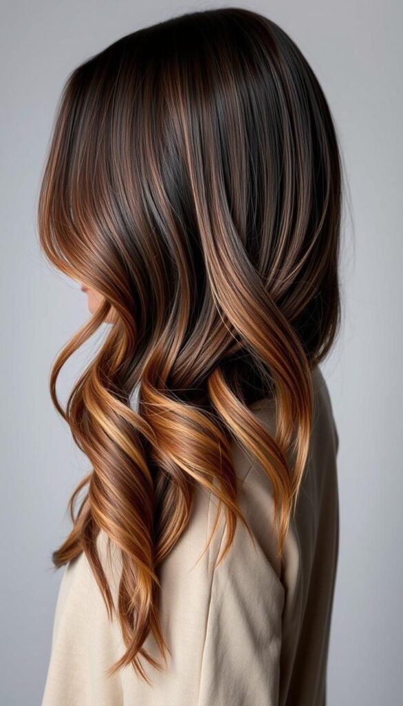 Woman with dark brown hair featuring caramel balayage highlights, showing the natural blend from dark roots to lighter ends