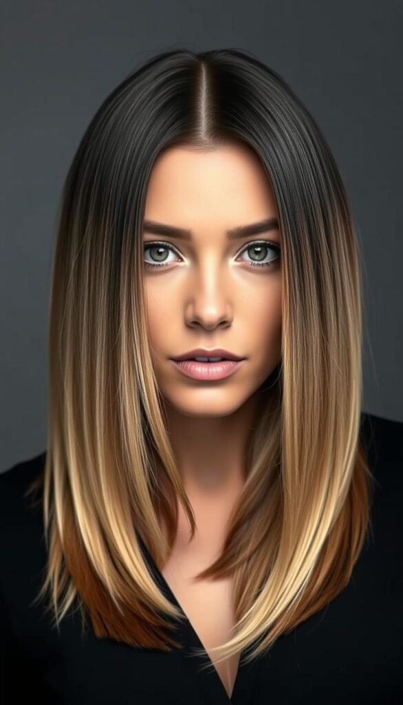 Woman with dark brown roots transitioning to blonde ends in a perfect ombre effect, showing the dramatic color gradient