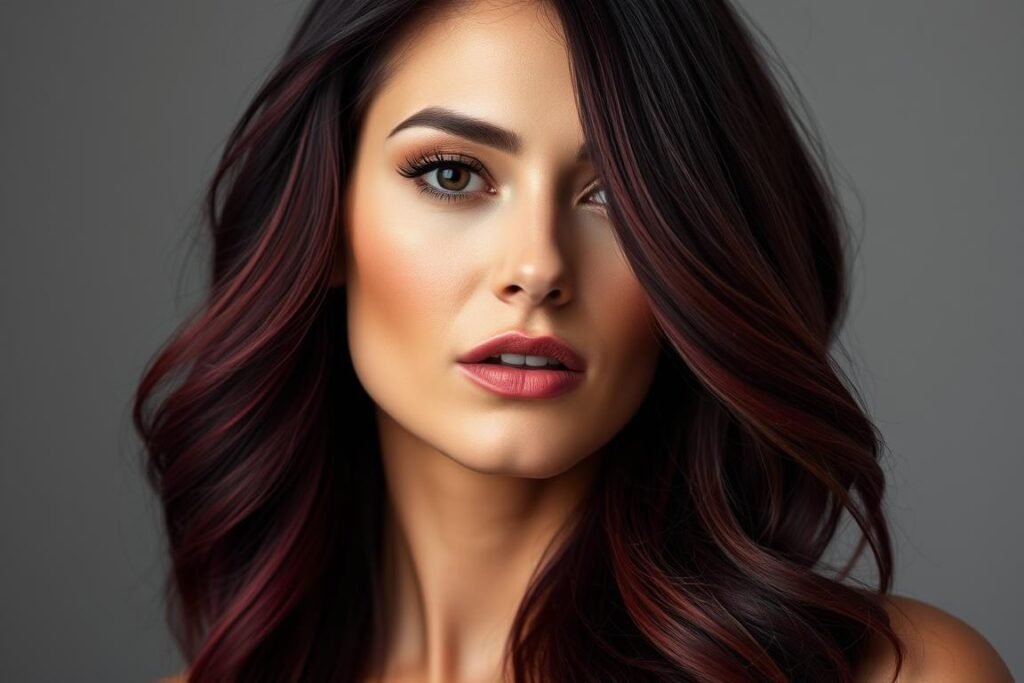 Woman with dark burgundy hair color showing deep wine-red tones Woman with dark burgundy hair color showing deep wine-red tones