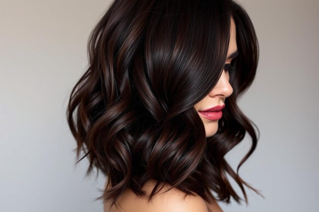 Woman with dark burgundy hair showing subtle red tones
