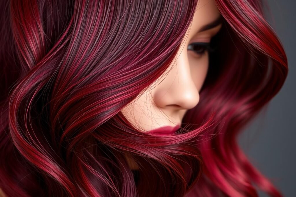 Woman with dark cherry red hair color styled in elegant waves Woman with dark cherry red hair color styled in elegant waves