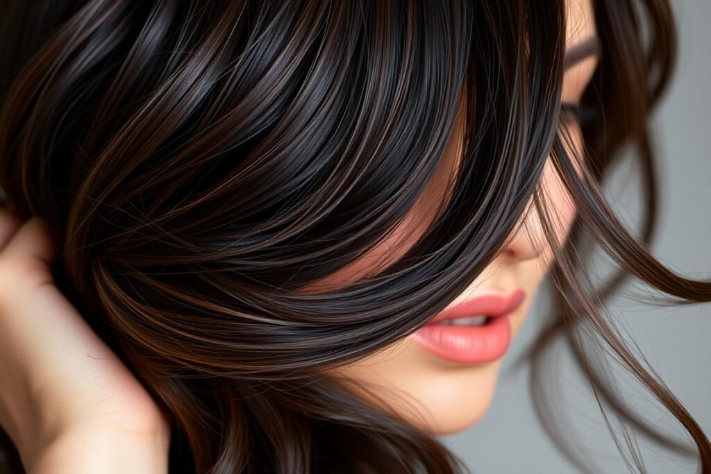 Woman with dark chocolate brown hair showing rich dimension