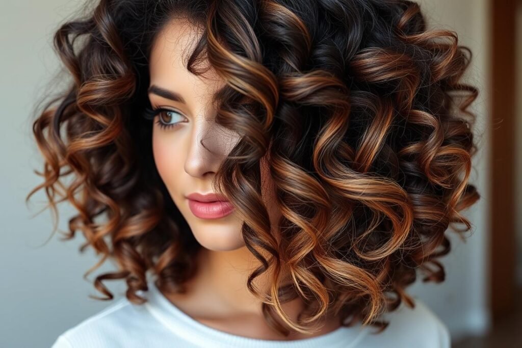 Woman with dark curly hair featuring caramel highlights