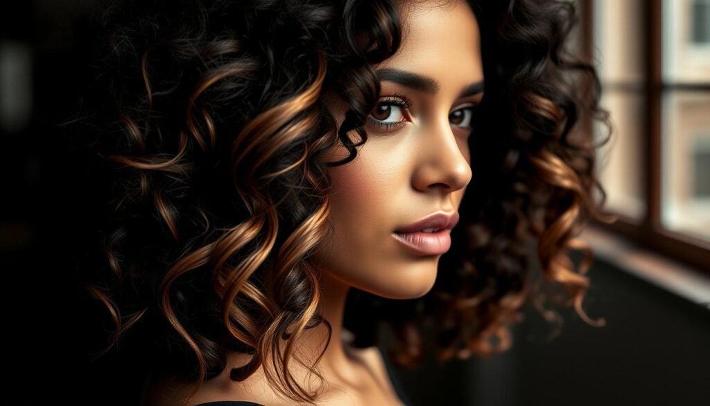 Woman with dark curly hair featuring caramel highlights that catch the light beautifully