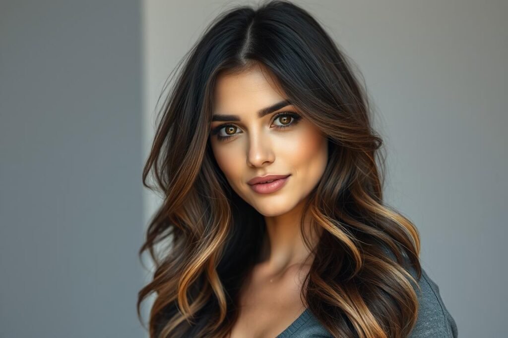 Woman with dark hair featuring balayage technique with subtle lighter ends Woman with dark hair featuring balayage technique with subtle lighter ends