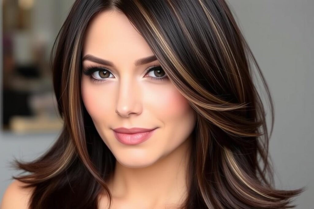 Woman with dark hair featuring lighter face-framing highlights known as money piece Woman with dark hair featuring lighter face-framing highlights known as money piece