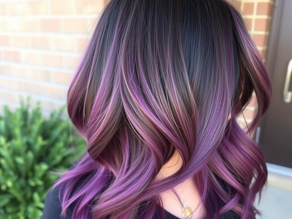 Woman with dark hair featuring purple balayage highlights
