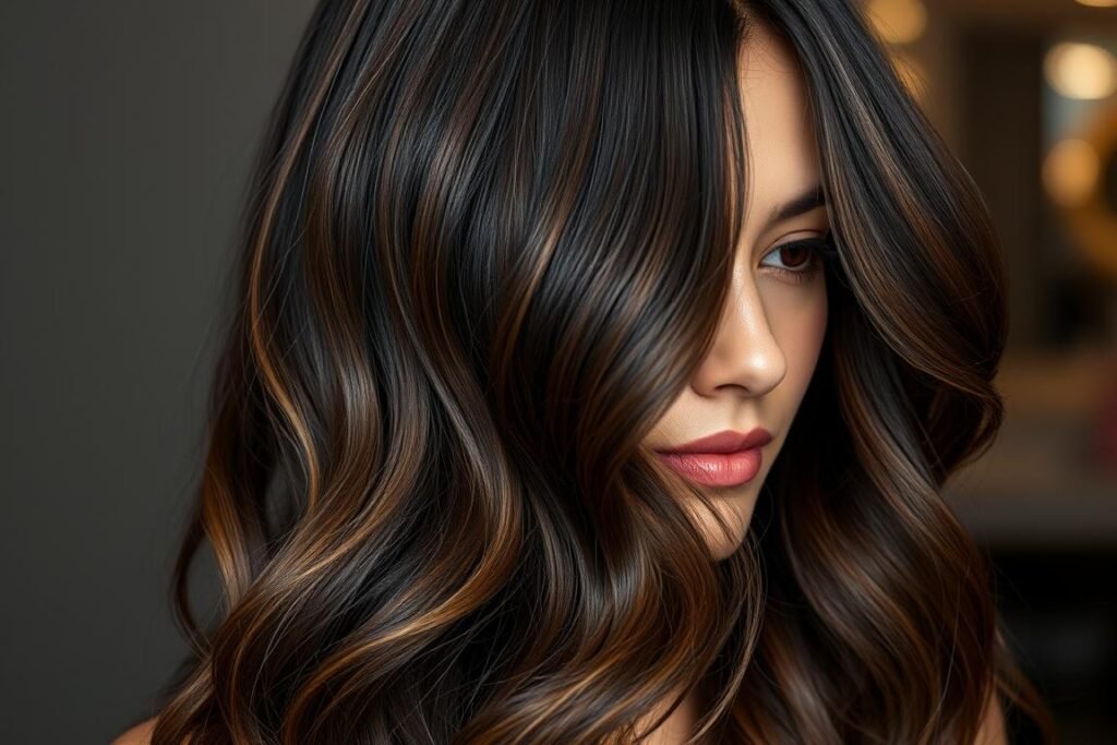 Woman with dark hair featuring subtle caramel highlights for dimension Woman with dark hair featuring subtle caramel highlights for dimension