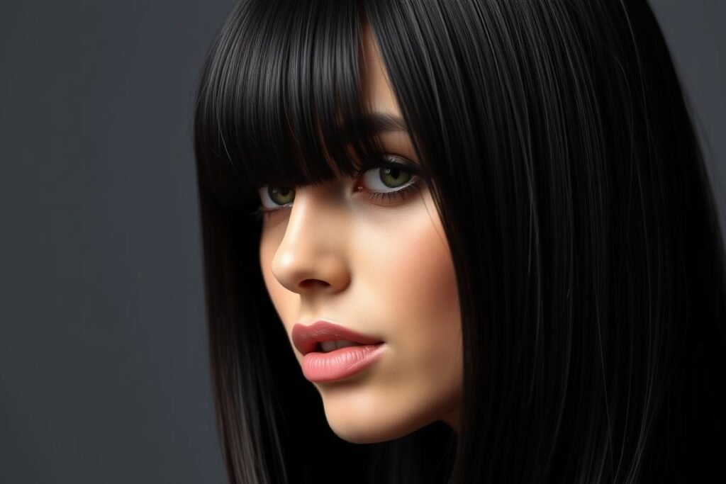 Woman with dark hair in sleek straight style showing mirror shine