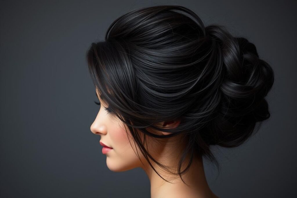 Woman with dark hair in textured updo showing color dimension