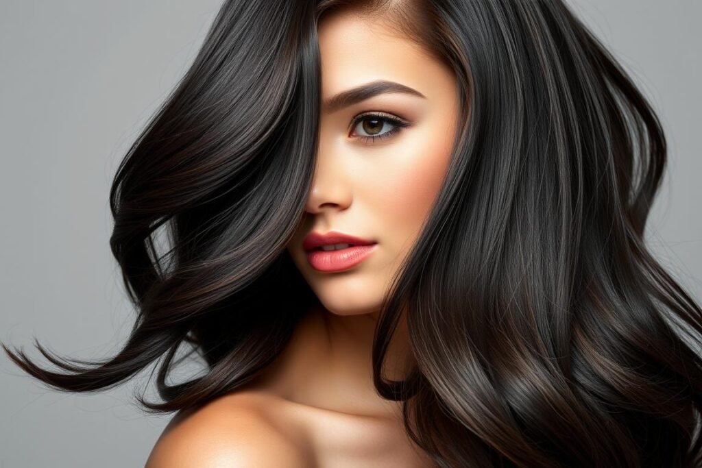 Woman with dark hair styled in glossy waves showing dimension