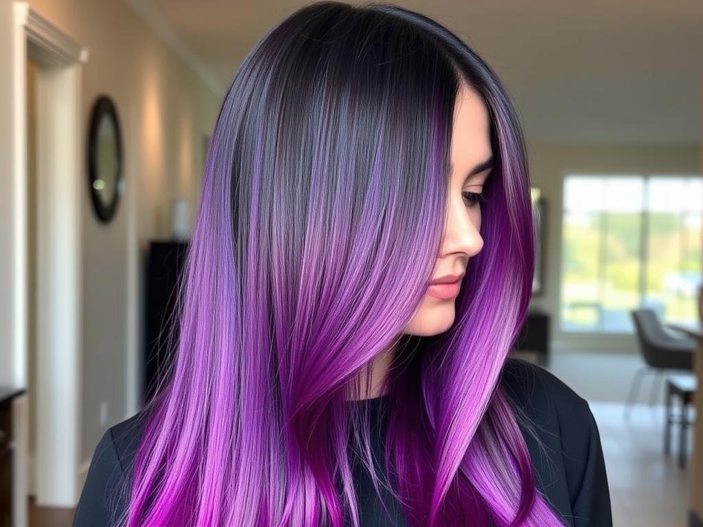 Woman with dark roots transitioning to vibrant purple ends in ombré style