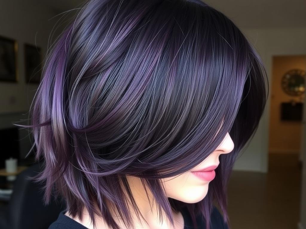 Woman with deep eggplant purple hair with subtle dimension