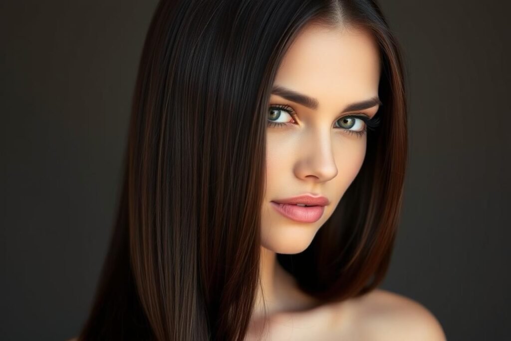 Woman with deep espresso dark brown hair color that's nearly black but with brown undertones Woman with deep espresso dark brown hair color that's nearly black but with brown undertones