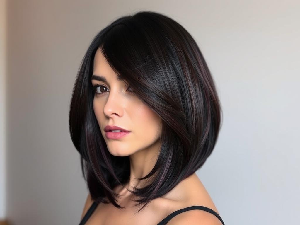 Woman with deep plum-black hair color in elegant style