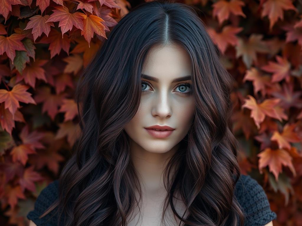 Woman with deep plum purple hair surrounded by autumn leaves