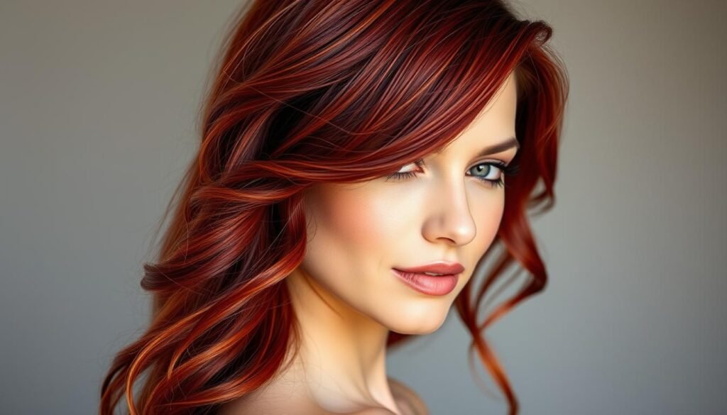 Woman with deep red hair styled in waves showing how the style enhances color dimension