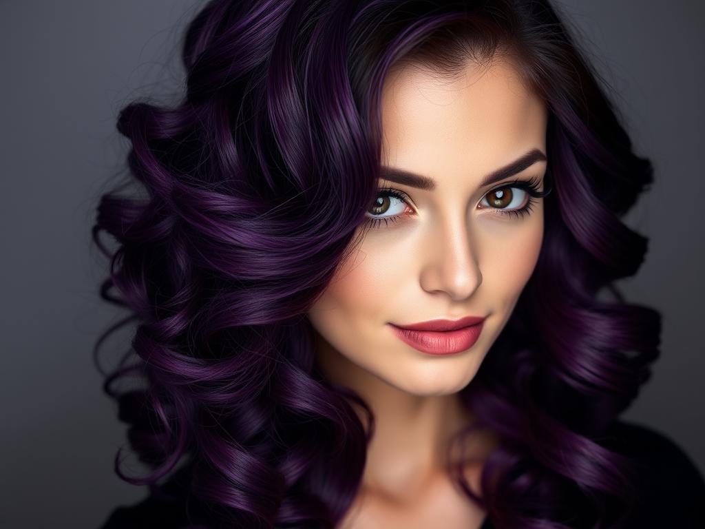 Woman with deep royal purple hair color styled in voluminous curls