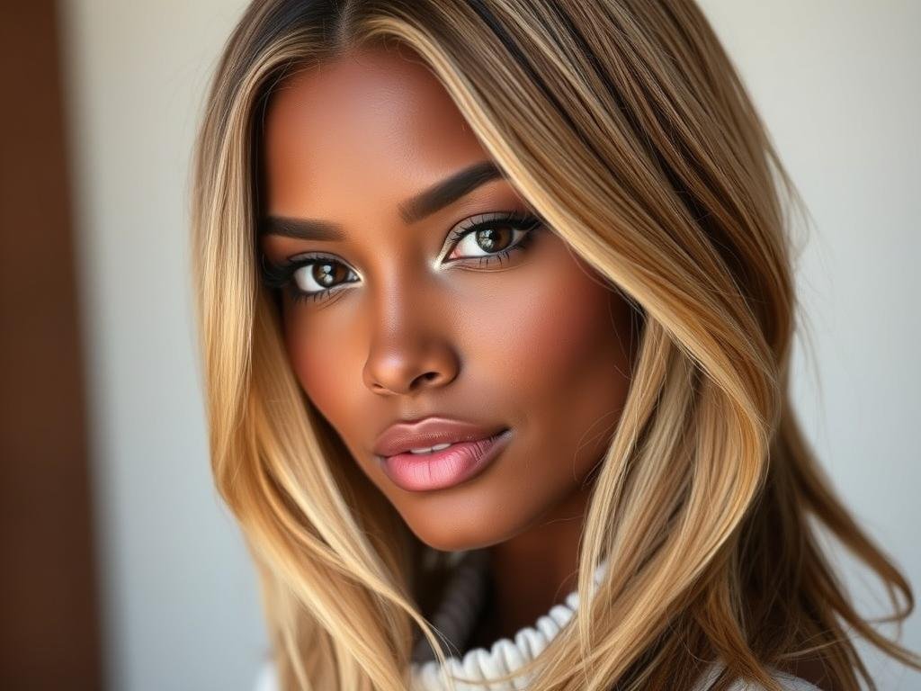 Woman with deep skin and caramel blonde highlights showing complementary contrast Woman with deep skin and caramel blonde highlights showing complementary contrast