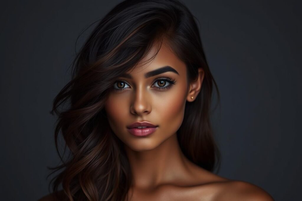 Woman with deep skin tone and black cherry hair color showing the striking contrast