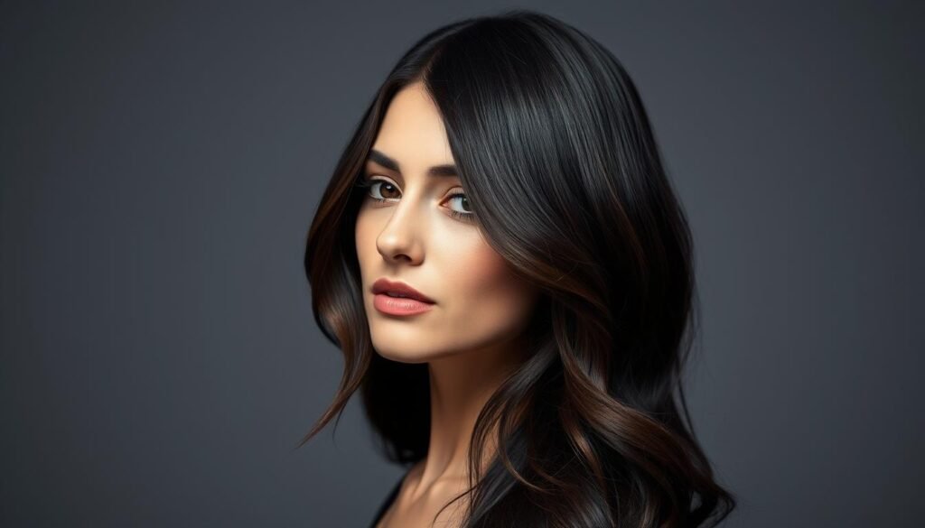 Woman with dimensional black hair showing subtle highlights and movement