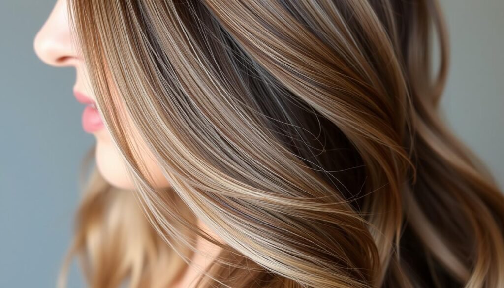 Woman with dimensional brown balayage showing natural-looking highlights Woman with dimensional brown balayage showing natural-looking highlights