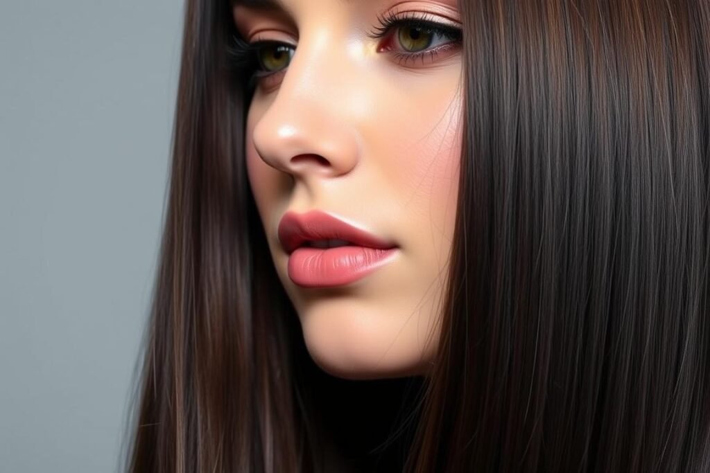 Woman with espresso brown hair showing glossy finish