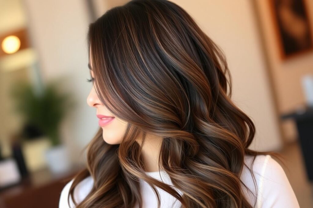 Woman with espresso highlights styled in loose waves to show dimension Woman with espresso highlights styled in loose waves to show dimension