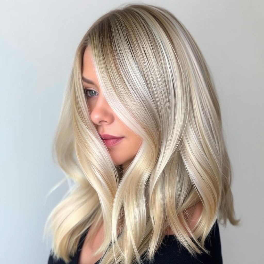 Woman with expensive blonde hair color showing dimensional highlights Woman with expensive blonde hair color showing dimensional highlights