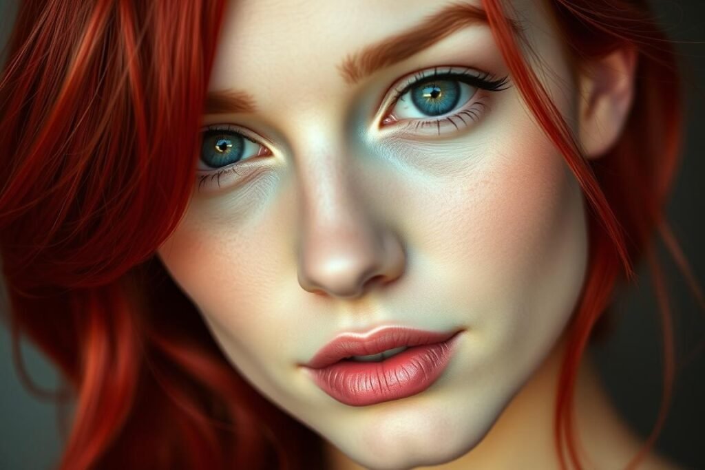 Woman with fair skin and bright cherry red hair color showing how it complements light complexions