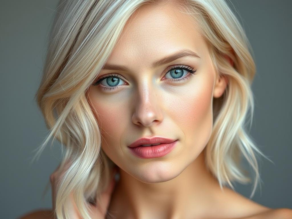 Woman with fair skin and platinum blonde hair showing complementary tones Woman with fair skin and platinum blonde hair showing complementary tones