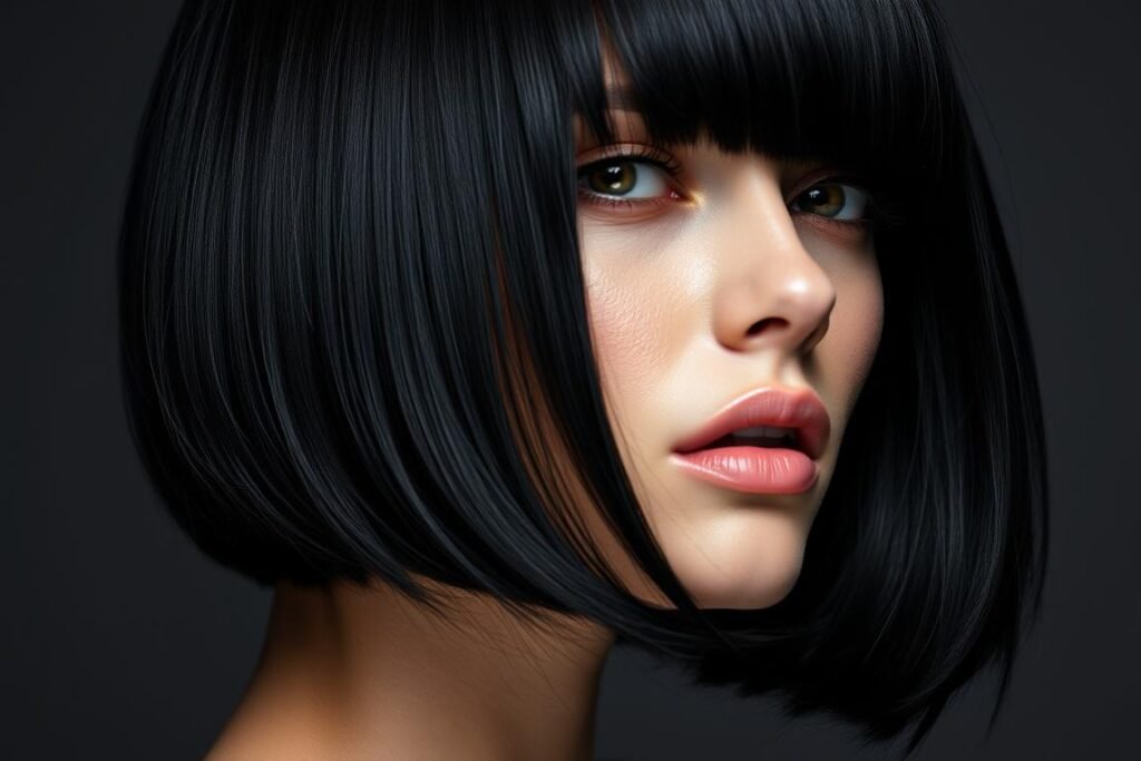 Woman with glossy onyx black hair color showing incredible shine and depth Woman with glossy onyx black hair color showing incredible shine and depth