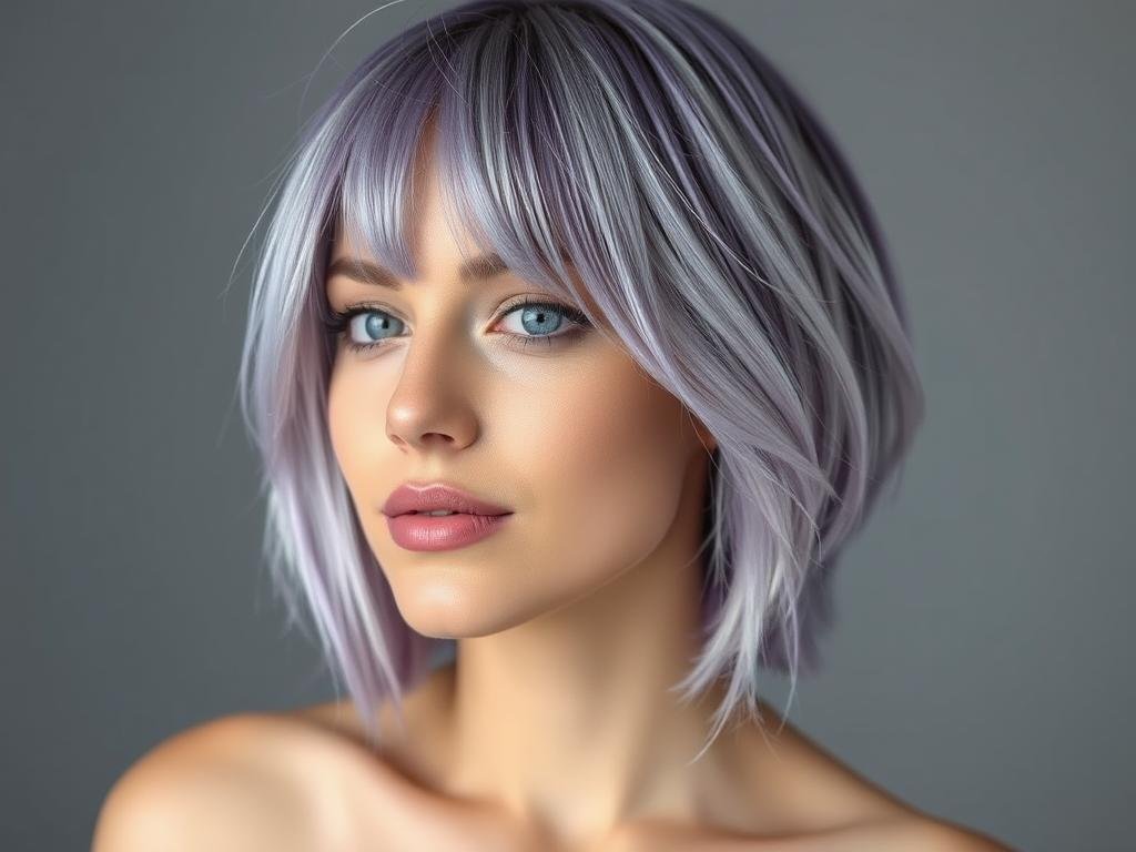 Woman with icy lilac purple hair color with silver undertones