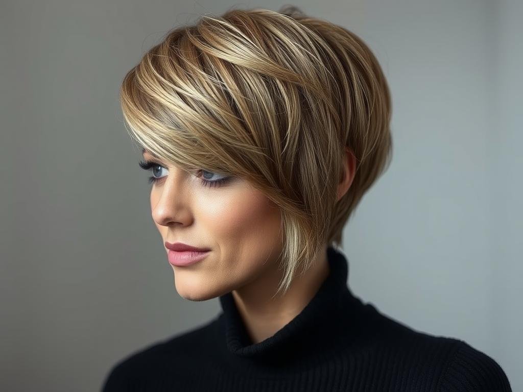 Woman with layered pixie-bob hairstyle showing volume for thin hair Woman with layered pixie-bob hairstyle showing volume for thin hair