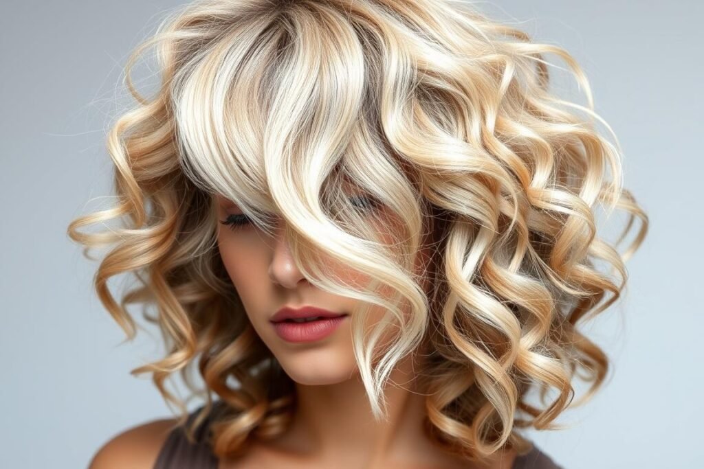 Woman with light brown curly hair with platinum highlights