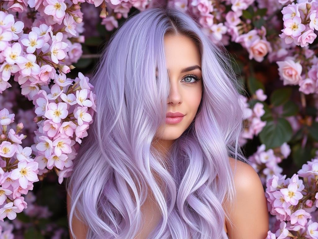 Woman with light lilac purple hair surrounded by spring flowers