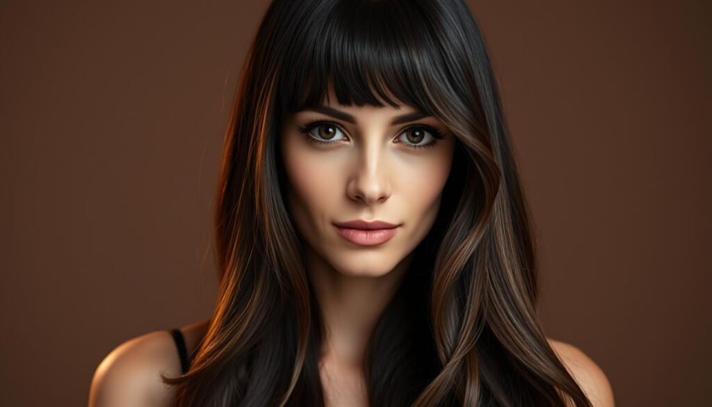 Woman with long dark hair featuring espresso highlights that catch the light