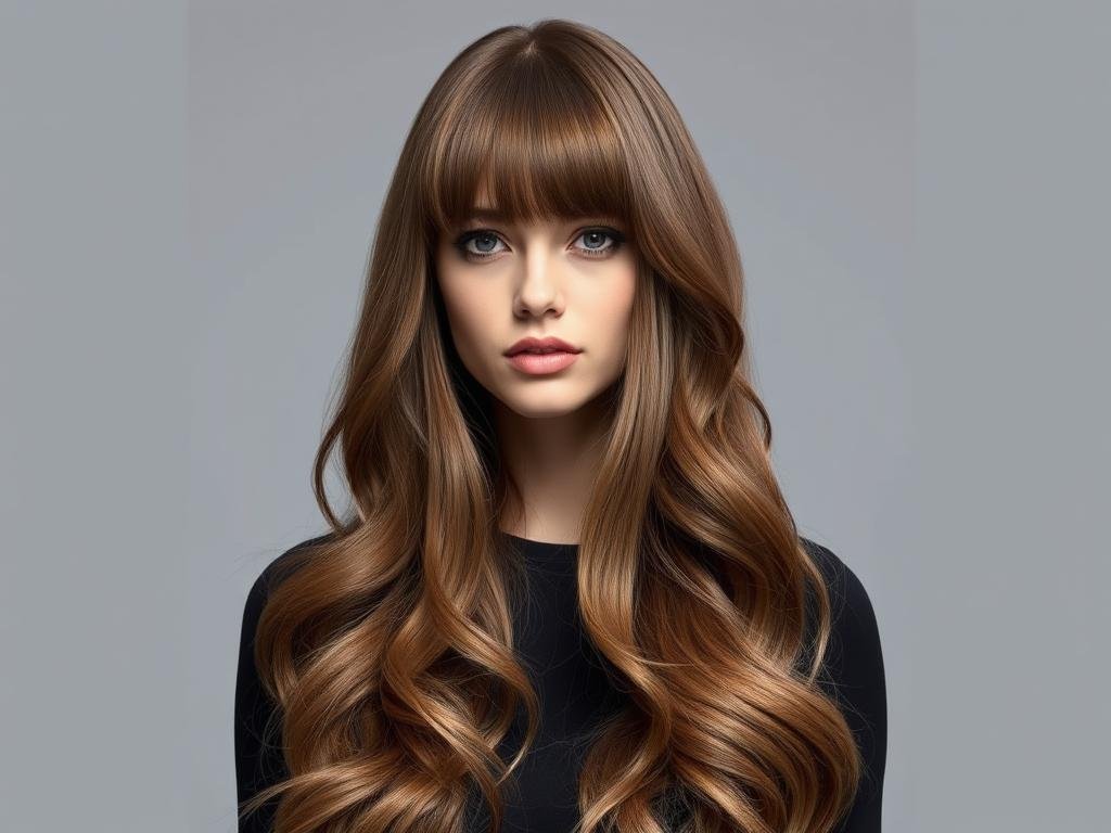 Woman with long hair and curtain bangs styled for thin hair Woman with long hair and curtain bangs styled for thin hair