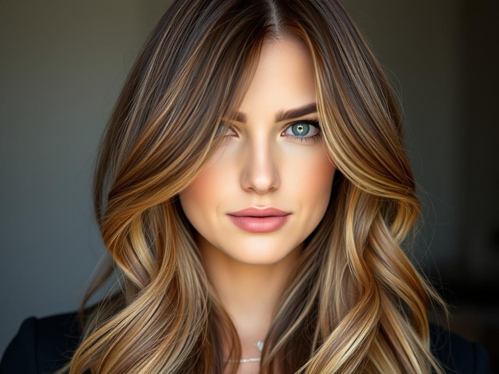 Woman with long layered hair and face-framing pieces for thin hair Woman with long layered hair and face-framing pieces for thin hair