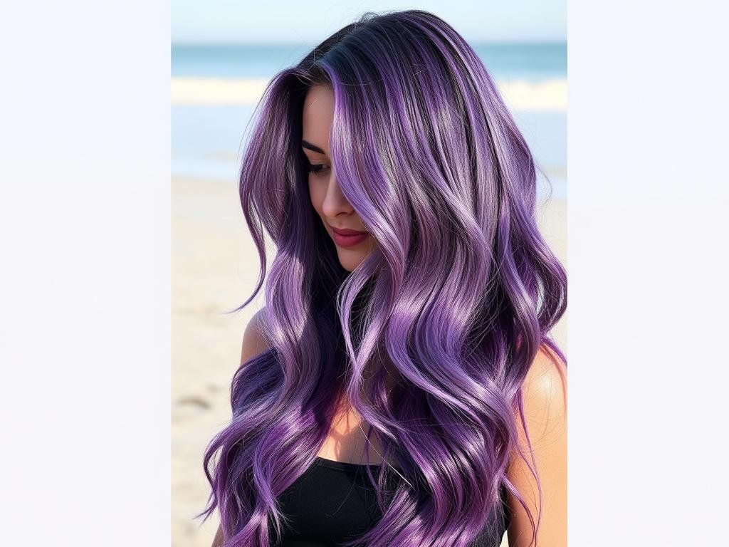 Woman with long purple hair styled in loose mermaid waves